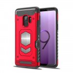 Wholesale Galaxy S9+ (Plus) Metallic Plate Case Work with Magnetic Holder and Card Slot (Red)